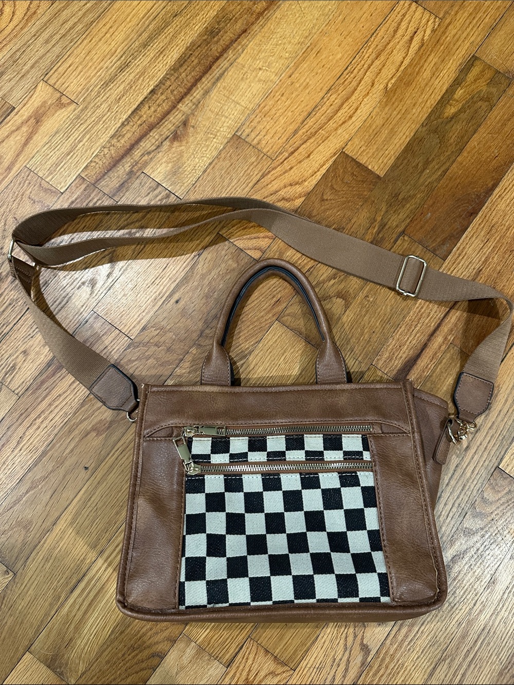 Brown Leather Crossbody Bag with Checker Front Pocket